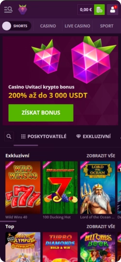 Domovská stránka aplikace Malina Casino