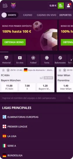 Menú de App Malina Casino