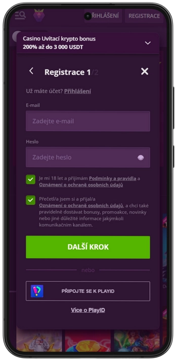Otevření hráčského účtu v profilu