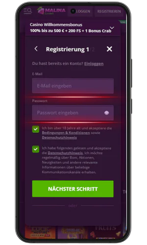 Phase 1 der Registrierung Malina Casino